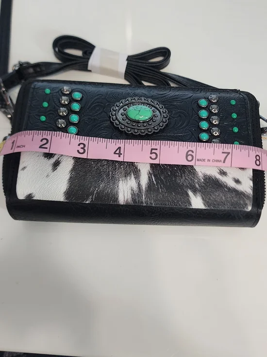 NWT Sam & Hadley Cowhide & Embossed Leather Crossbody w/ Turquoise Accents Black - Picture 11 of 12